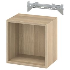 a wooden shelf with metal brackets on the top and bottom, in front of a white background