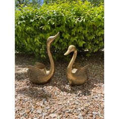 two bronze ducks sitting on top of gravel