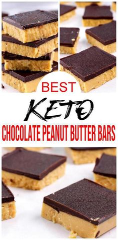 the best keto chocolate peanut butter bars are stacked on top of each other and ready to be eaten