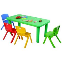 children's plastic table and chairs set with green top, red legs, and yellow seat