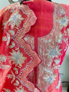 Item Overview ATHARVA Hand Woven Pure Tissue Silk Salwar Kameez/Aari Dori Embroidery/Red Tissue/Heirloom Worthy/Custom Stitch Unstitch/Wedding/Plazzo/Gift/ Designer Wear Dno. SK2011 Fabric:  * Shirt: Pure Tissue Silk - Hand Embroidery/ 2.5 Mts Beautiful Aari Dori Work * Dupatta: Pure Tissue Silk - Hand Embroidery/ 2.5 Mts Beautiful Aari Dori Work/Elegant/Tassels/ * Bottom: Pure Tissue Silk 2.5 Mts. Excusive Hand Embroidered Party Wear Punjabi Suit. Customization: * Fabrics Customization: Designs Embroidered Straight Kurta In Tissue Silk, Embroidered Tissue Silk Straight Kurta, Bollywood Style Tussar Silk Kurta With Dori Work, Red Chanderi Sets With Floral Embroidery, Festive Silk Anarkali Set With Floral Embroidery, Silk Anarkali Set With Floral Embroidery For Festive Occasion, Pink Raw Silk Kurta With Floral Embroidery, Festive Tussar Silk Kurta With Floral Embroidery, Navratri Embroidered Tissue Silk Kurta