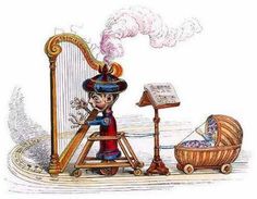 an illustration of a man playing the harp next to a baby carriage and music instrument