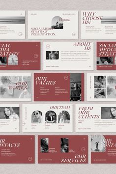 a bunch of red and white business cards on top of each other with different images