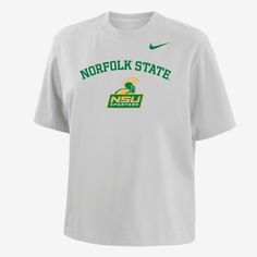 The Spartans hold a unique place within the cultural fabric and tapestry of Norfolk State, personifying the promise of representation for generations to come. Honor your school in a roomy tee made with everyday cotton that feels soft and lightweight. White Embroidered T-shirt For College, White Embroidered Graphics T-shirt For College, White Short Sleeve Top With University Logo, Nike White T-shirt For Fan Gear, White Cotton Campus T-shirt, White Cotton T-shirt For Campus, White Text Print T-shirt For Campus, White University Logo T-shirt For Fans, White University Logo T-shirt Fan Apparel