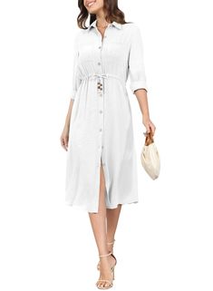 PRICES MAY VARY. Relaxed Fit: XS=US (0-2), S=US (4-6), M=US (8-10), L=US (12-14), XL=US (16-18)，XXL(20-22) Breathable Material: This long shirt dress is made from high-quality spandex, has exceptional elasticity and breathabl. It is lightweight, soft, and comfortable, making it perfect for the summer heat. Trendy Details: Features a button front closure, v-neck, middle sleeves, Irregular hem, adjustable tie for custom fit, and perfect calf-length. Casual Style: This dress exudes a boho vibe, mak V-neck Shirt Dress With Buttons, Vacation Midi-length Shirt Dress, V-neck Midi Dress With Button Closure For Vacation, Casual Summer V-neck Dress With Buttons, Solid Beach Dress With Button Closure, V-neck Shirt Dress With Buttons For Vacation, Solid Color Button-up Vacation Dress, V-neck Dresses With Button Closure For Daywear, V-neck Daywear Dresses With Button Closure