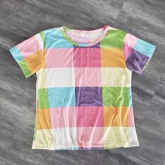 Never Worn Have The Matching Bottoms As Well Size Xs Spring Retro Color Block T-shirt, Cheap Multicolor Playful T-shirt, Retro Multicolor Rainbow Print Top, Playful Multicolor Color Block T-shirt, Multicolor Rainbow Print Short Sleeve T-shirt, Shein Pants, Lounge Shorts, Pink Orange, Orange Pink