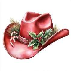 a drawing of a red cowboy hat with holly and candy canes on the brim