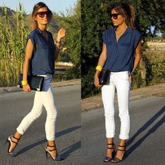 Love navy and white. White Jeans Outfit, Chique Outfits, Outfit Jeans, Spring Trends, Fall Fashion, Spring Summer Fashion