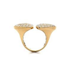 This modern open bypass cocktail ring is a true statement piece, centered around a pave of brilliant 3.25 carat round diamonds with VS2 clarity and F-G color. Its radiant sparkle is amplified by triangular shapes, adding extra shimmer. Crafted in 18 karat yellow gold, this ring's unique bypass design brings a fresh twist, making it a bold choice for those who appreciate standout style. Whether worn for an evening out or to elevate your everyday look, this ring commands attention with its chic, c Modern Diamond Bypass Open Ring, Modern Diamond Ring For Party, Modern Diamond Pave Setting Open Ring, Modern Diamond Ring With Pave Setting In Open Style, Modern Diamond Open Ring With Pave Setting, Modern Open Diamond Ring With Pave Setting, Modern Diamond Ring With Pave Setting, Engagement Ring Style Guide, Ring Style Guide