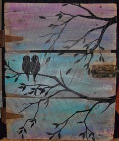 two birds sitting on a tree branch painted with acrylic paint and wood planks