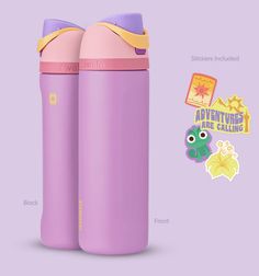 two purple insulated water bottles sitting next to each other on a purple and yellow background