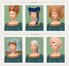 four different types of headscarves are shown in this graphic art work, each with an individual's head wearing a turban