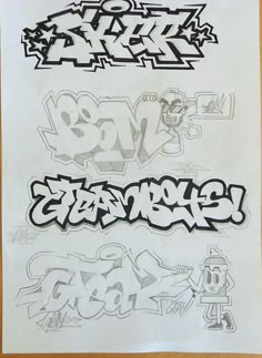 some type of graffiti written on paper with black and white writing in the middle, next to another type of graffiti