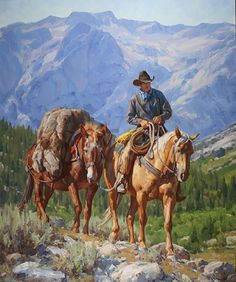 a painting of two men riding horses in the mountains