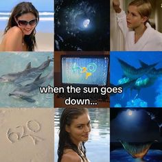 a collage of pictures with the caption when the sun goes down and dolphins are swimming in the water