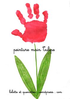 a red flower with green leaves on it and the words written in french above it