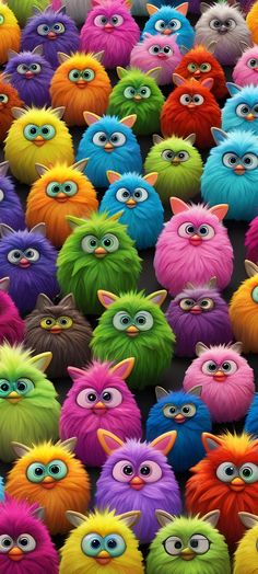 many different colored furry animals with big eyes