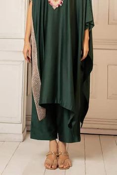 Sap green silk asymmetric kaftan with floral pearls, beads, thread work and zardosi embroidered yoke. Paired with coordinating solid straight pant. - Aza Fashions Thread Work, Green Silk, Straight Pants, Pants Pattern, Floral Embroidery, Aza Fashion, Hand Embroidery, Types Of Sleeves, Pants For Women