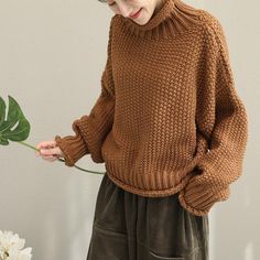 Type: Sweater Collar type:Turtleneck Waist type: Loose Pattern: Plain Material: Cotton Season:Winter Color:Orange,Coffee,Blue,Beige One Size(Fit for EU 38-42,US8-12,UK12-16,AU12-16,NZ12-16)Length:50 cm/19.69"Bust:132-150 cm/51.97"Shoulder:65 cm/25.59"Sleeve Length:46 cm/18.11"Cuff: 24 cm/9.45" Comfy Thick Sweater Japanese, Oversize Turtleneck Sweater, Oversize Turtleneck, Oversized Turtleneck Sweater, Oversized Turtleneck, Bat Sleeve, Sweater For Women, Winter Colors, Winter Sweaters