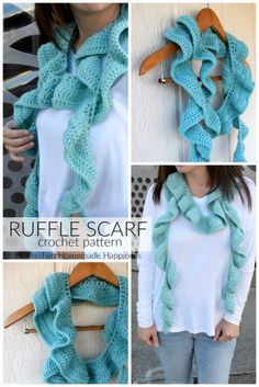 a collage of photos showing how to crochet a ruffle scarf