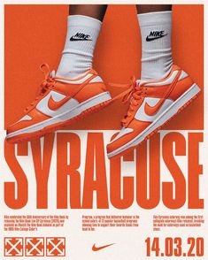 an orange and white poster with nike shoes on it