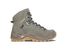 a pair of gray hiking boots on a white background