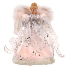 an angel figurine with white wings and pink dress on it's chest