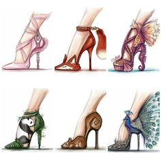 four pairs of high heeled shoes with peacocks on the toes and heels in different colors