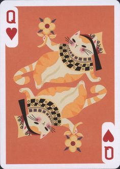 two cats playing cards with hearts and flowers on the back side, one cat is laying down