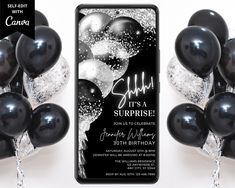 black and white balloons are in front of a phone with the text slink it as surprise