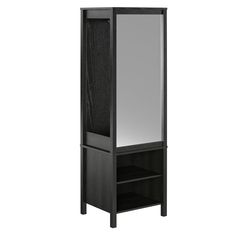 a tall wooden cabinet with a mirror on the top and shelf below it, against a white background