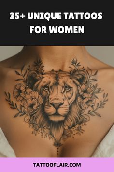 a woman with tattoos on her chest and the words, 35 unique tattoos for women