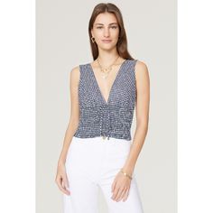 Blue gingham cotton (100% Cotton). Top. Sleeveless. V-neck. Pull on. 18" from shoulder to hemline. Made in the USA of imported fabric. Chic Gingham Tops For The Beach, Gingham V-neck Top For Day Out, Cotton V-neck Tops For Picnic, Gingham V-neck Tops For Spring, Spring Gingham V-neck Top, Summer Sleeveless Gingham Top, Summer V-neck Top For Picnic, Summer Gingham V-neck Top, Casual V-neck Tops For Picnic