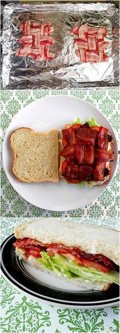 there is a sandwich with bacon and lettuce on the plate next to it