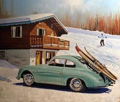 a painting of a car with skis on the roof parked in front of a house