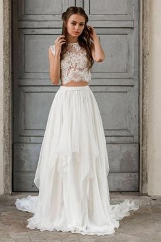 Elegante vestido de novia de gasa de encaje de línea A largo de dos piezas – BIZTUNNEL Two Piece Lace Dress, Tulle Wedding Skirt And Top, Cropped Wedding Dress, Alternative Wedding Dress Casual, Two Part Wedding Dress, Two Piece Wedding Dress Boho, Wedding Dress Two Piece, Wedding Dress Separates, Wedding Separates