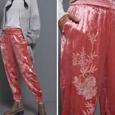 Anthropologie Rosie Embroidered Floral Velvet Joggers Size Xsmall Pink Elastic Waist Pockets Elastic Cuff Waist: 10.5" Rise: 12" Inseam: 24" 100% Viscose Dry Clean New With Tags A-30 Velvet Joggers, Embroidered Velvet, Fashion Joggers, Jogger Pants, Track Pants, Sequin Skirt, Pant Jumpsuit, Womens Bottoms, Anthropologie