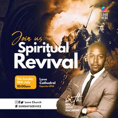 a man in a suit and tie standing next to a poster with the words, don't us spiritual revival