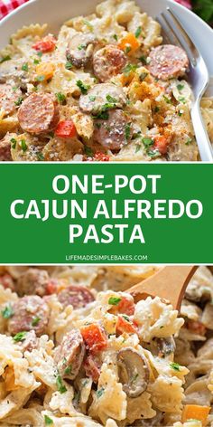 one - pot cajun alfredo pasta with sausage and peppers in a white bowl on a red checkered tablecloth