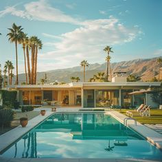 a large swimming pool surrounded by palm trees and lawn chairs with mountains in the background