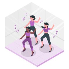 three women are dancing on the floor with musical notes in the background and one woman is wearing purple