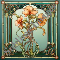 an art nouveau style stained glass window with flowers