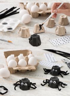 an egg carton filled with fake eggs and some black plastic spider figures next to it