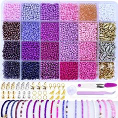 assortment of beads and accessories for making beaded bracelets in plastic storage box with tools