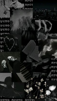 a collage of black and white images with words written in them, including the word love