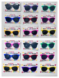 six pairs of sunglasses with the words i love you written on them in different colors