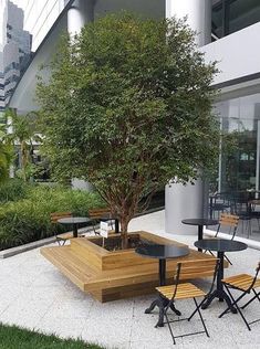 an outdoor table and chairs with a tree in the middle