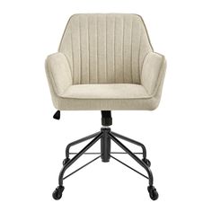 an office chair with wheels and a beige upholstered seat, viewed from the front