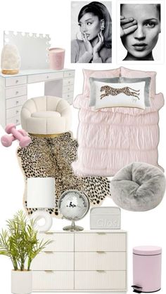 a bedroom with white furniture and pink accessories