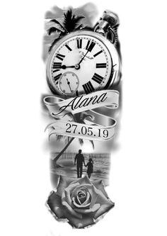 a black and white photo with an alarm clock on it's side that says aluna